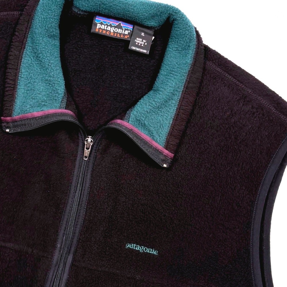 VTG 90s Patagonia Synchilla Fleece Vest Mens XL Black Teal Purple Made USA Retro